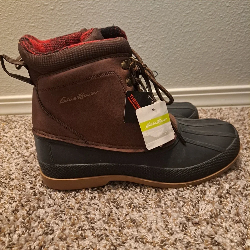 Eddie Bauer Men's Donner Duck Boots Brown Waterproof Plaid Lined‎ New Size 9
